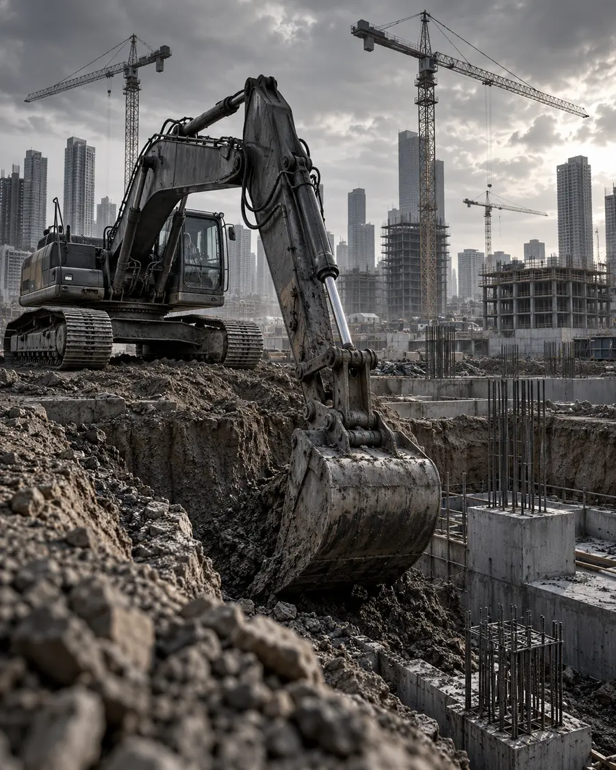 Excavator menggali fondasi di proyek konstruksi kota