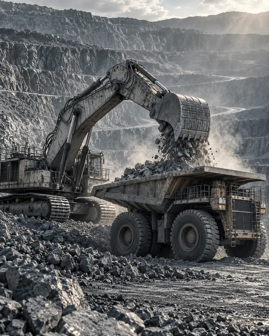 Excavator memuat dump truck di tambang terbuka