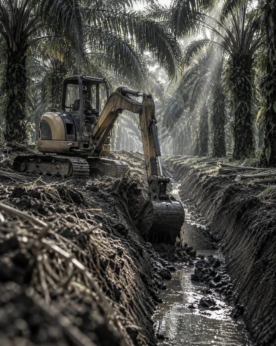 Excavator kecil membuat kanal di perkebunan sawit