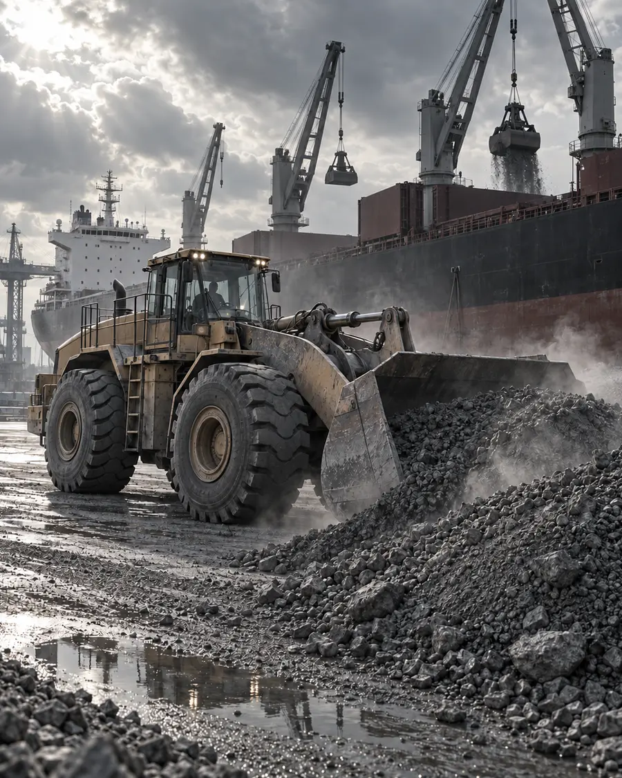 Wheel loader memindahkan material curah di pelabuhan
