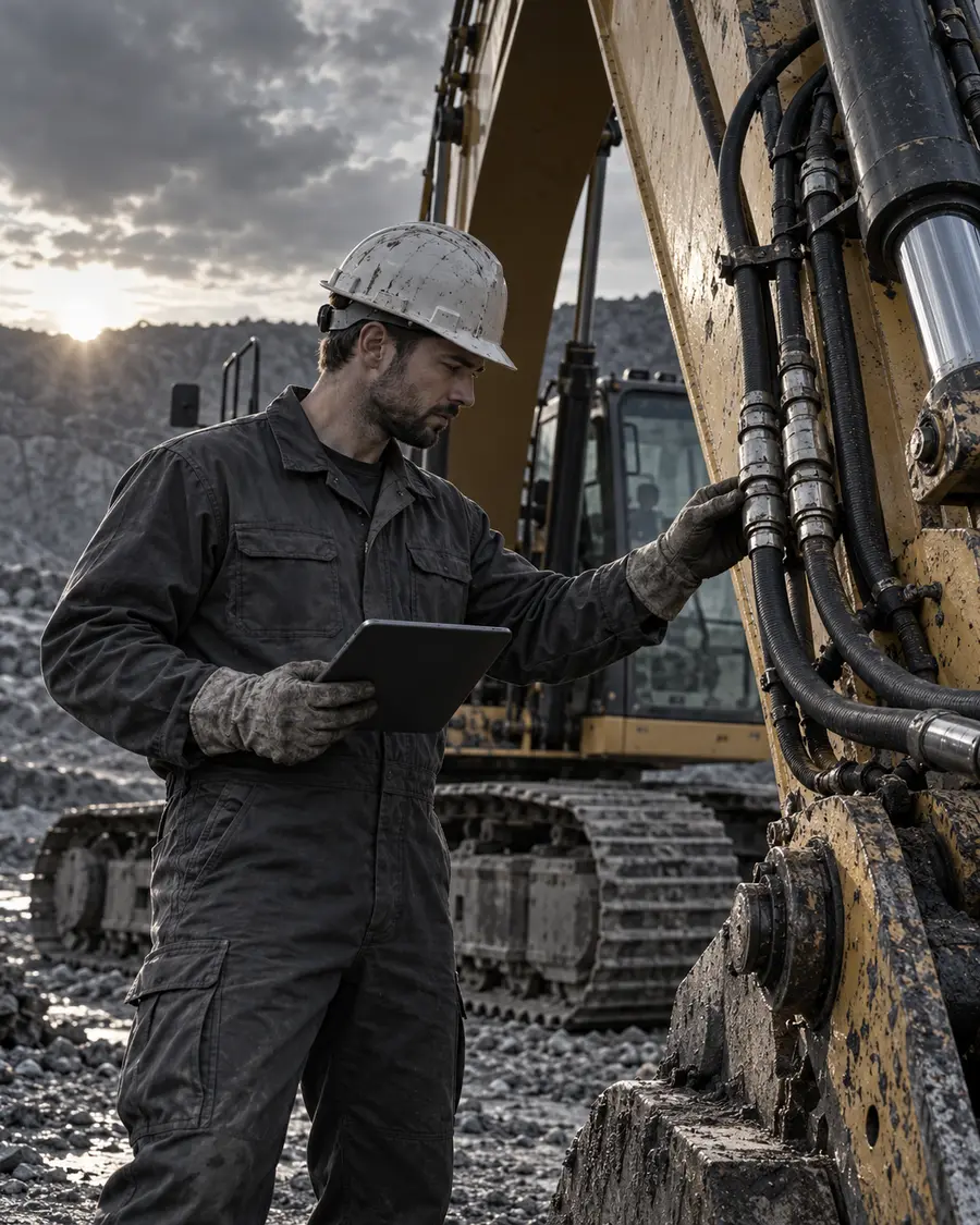 Teknisi memeriksa selang hidrolik excavator dengan tablet
